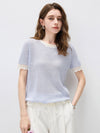 COMOBOCA Purple Women's Drawstring Striped Lace Trim Knit T-Shirt