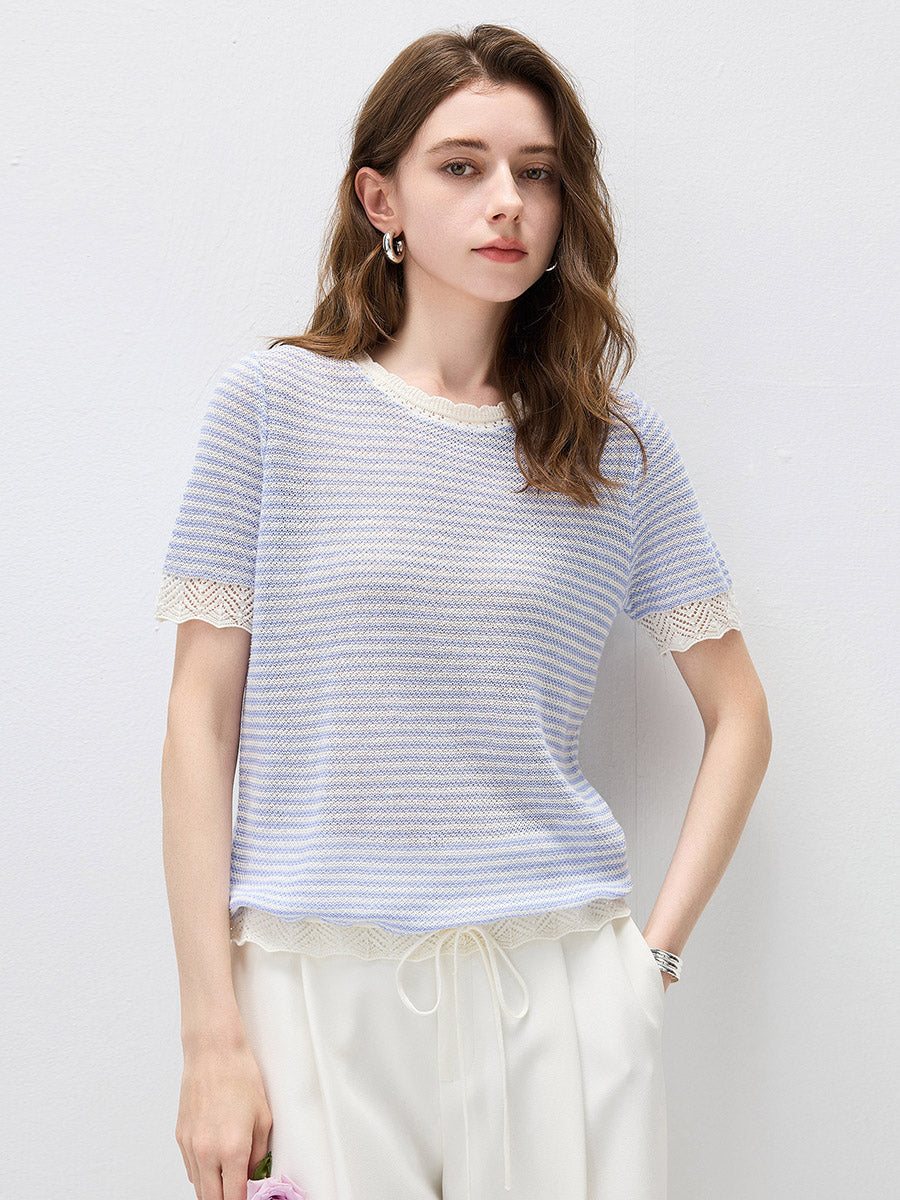 COMOBOCA Purple Women's Drawstring Striped Lace Trim Knit T-Shirt