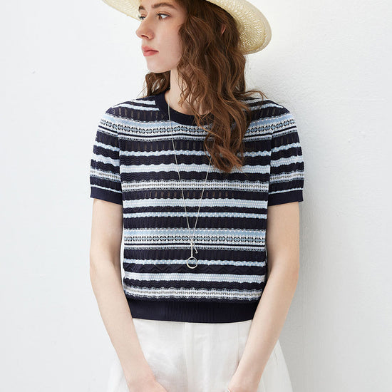 COMOBOCA Women's Mixed Stitch Striped Semi Sheer Knit T-Shirt