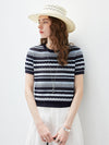 COMOBOCA Women's Mixed Stitch Striped Semi Sheer Knit T-Shirt