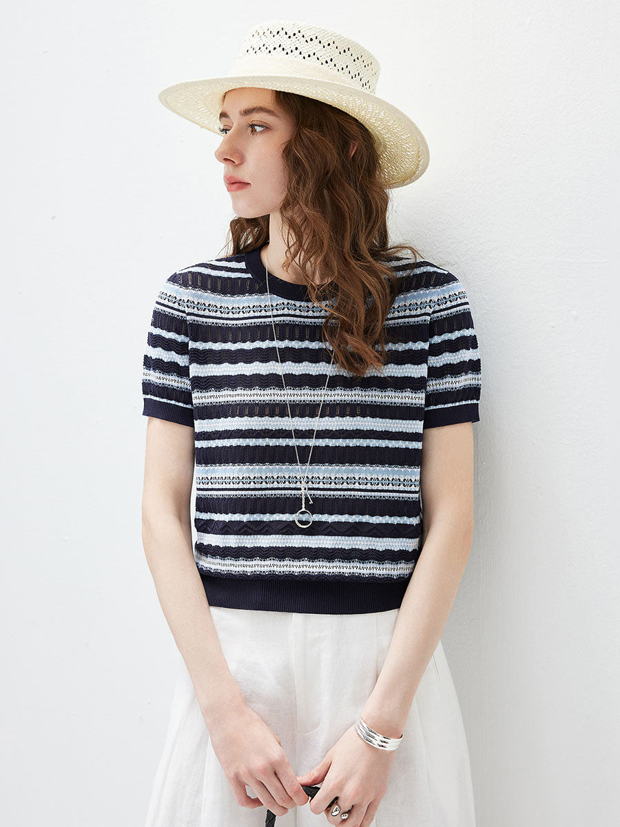 COMOBOCA Women's Mixed Stitch Striped Semi Sheer Knit T-Shirt