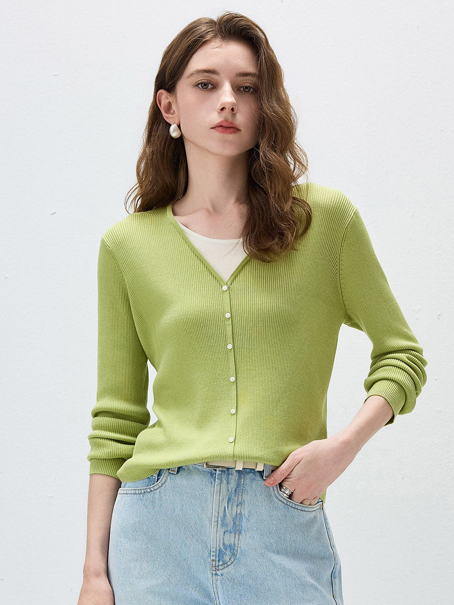 COMOBOCA Bright Green Women's Ribbed Knit V-Neck Faux Cardigan