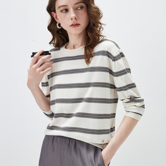 COMOBOCA Women's Striped Round Neck Knit Sweater