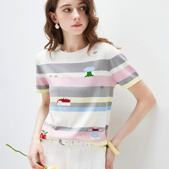 COMOBOCA Women's Farm Scene Striped Knit T-Shirt