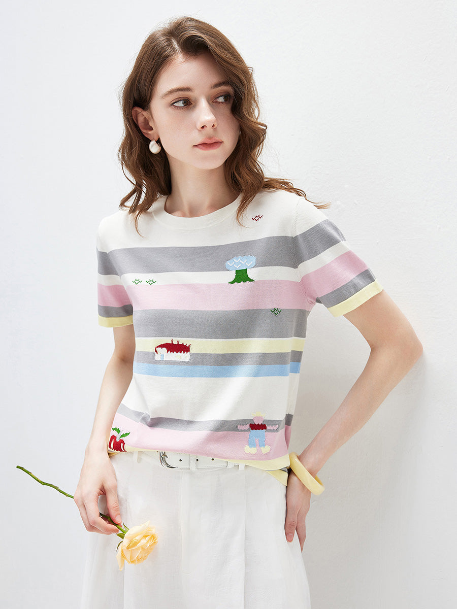 COMOBOCA Women's Farm Scene Striped Knit T-Shirt