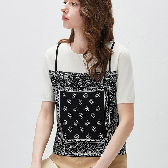 COMOBOCA Women's 2-in-1 Bandana Print Knit Top