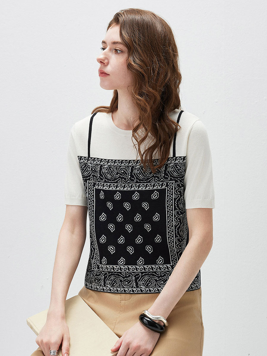 COMOBOCA Women's 2-in-1 Bandana Print Knit Top