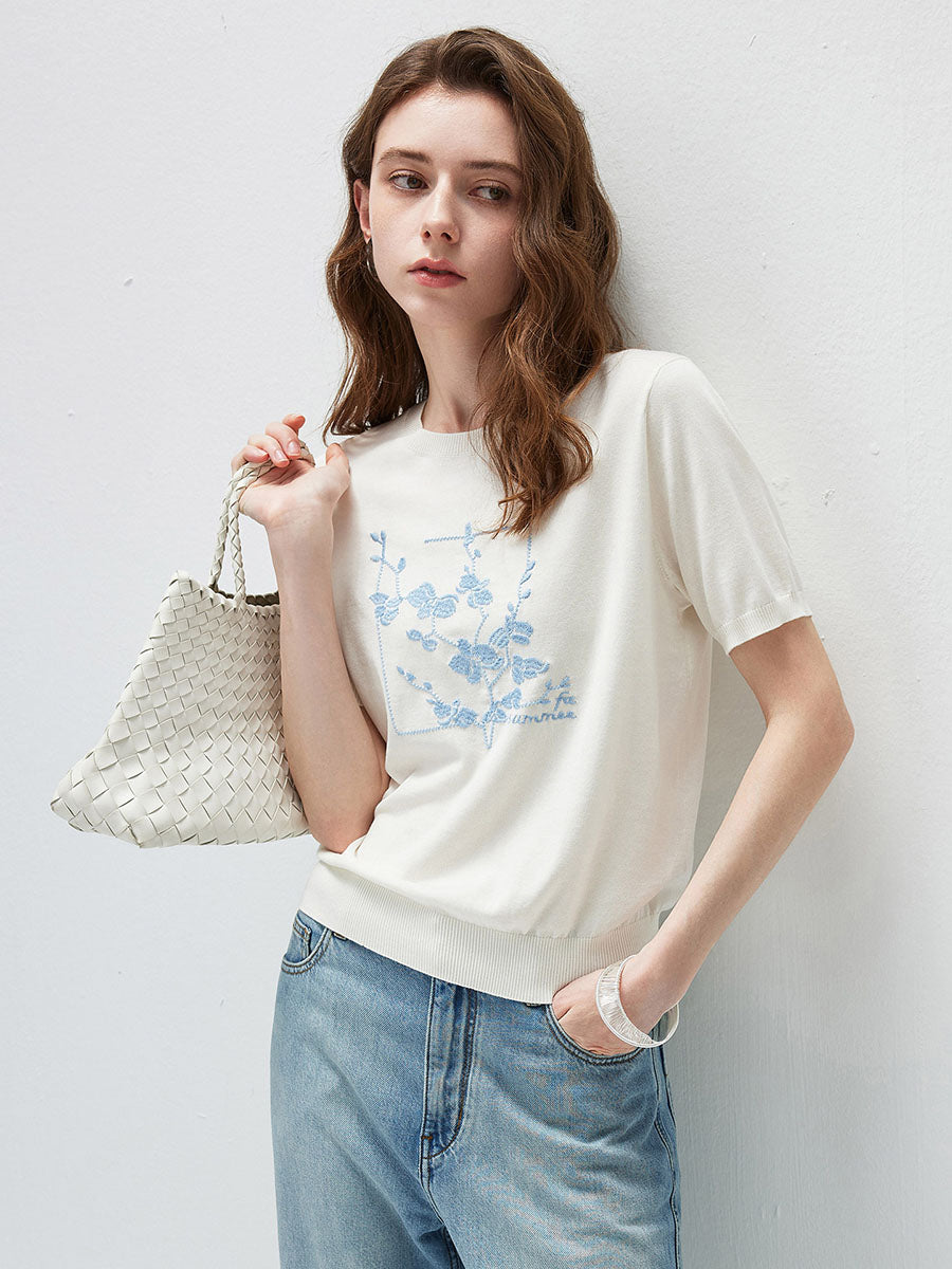 COMOBOCA Women's Floral Embroidered Ribbed Knit T-Shirt