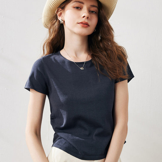 COMOBOCA Navy Blue Women's Round Neck Knit T-Shirt