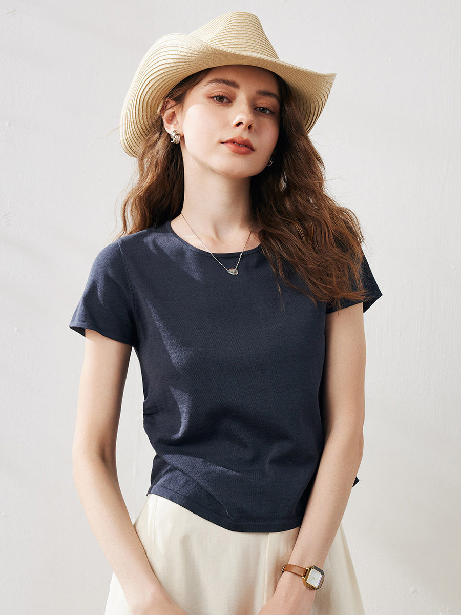 COMOBOCA Navy Blue Women's Round Neck Knit T-Shirt