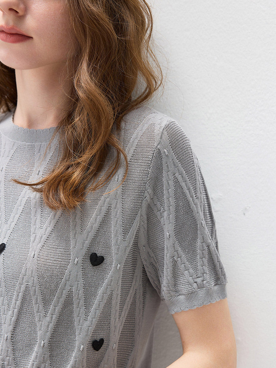 COMOBOCA Women's Heart Appliques Diamond Knit Top