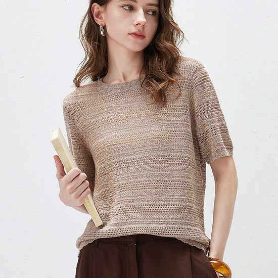 COMOBOCA Coffee Women's Openwork Mesh Knit T-Shirt
