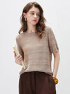 COMOBOCA Coffee Women's Openwork Mesh Knit T-Shirt