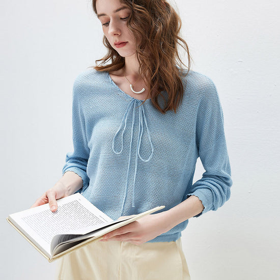 COMOBOCA Light Blue Women's Tie-Neck Waffle Knit Top