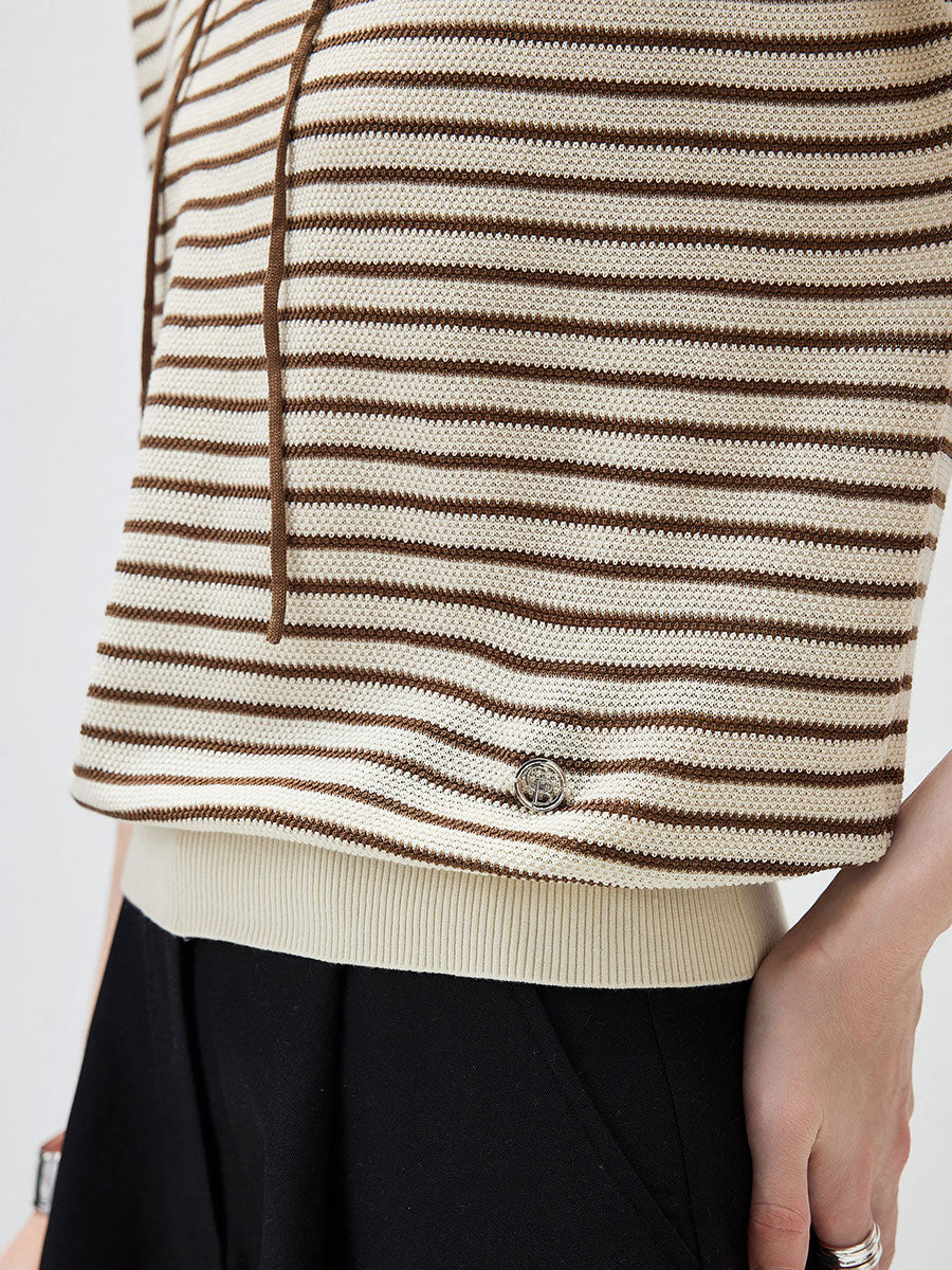 COMOBOCA Women's Striped Contrast Hooded Knit T-Shirt
