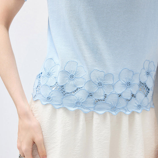 COMOBOCA Women's Floral Lace Trim Knit T-Shirt