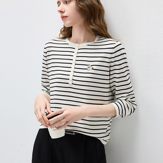 COMOBOCA Women's Striped Henley Button Knit Sweater