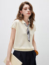 COMOBOCA Cream Women's Paisley Scarf Polo Collar Waffle Knit T-Shirt