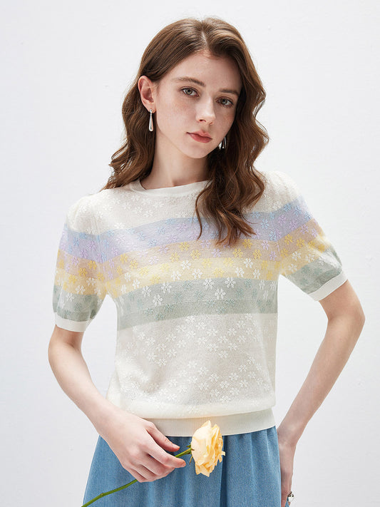 COMOBOCA Floral Women's Rainbow Floral Semi Sheer Knit T-Shirt