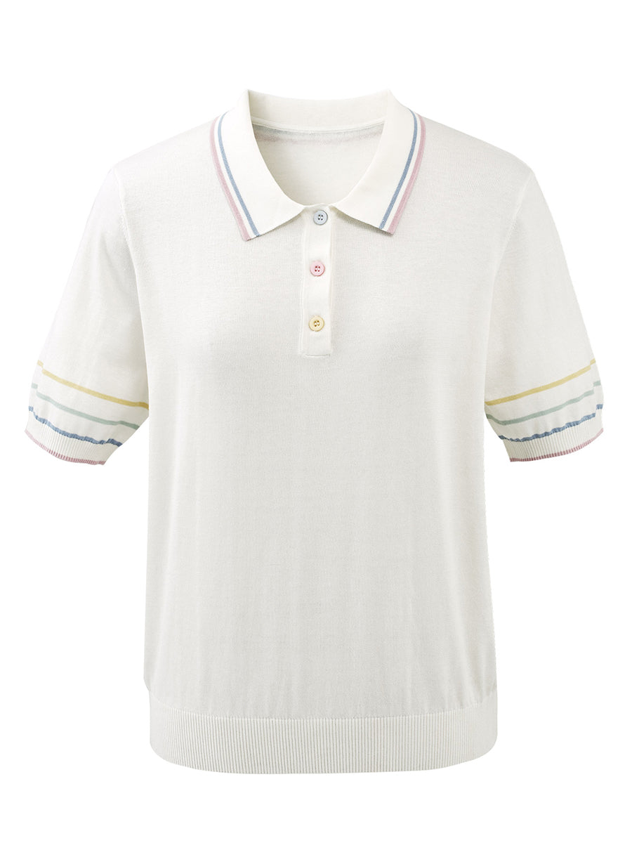 COMOBOCA Women's Knit Polo Top with Rainbow Stripes