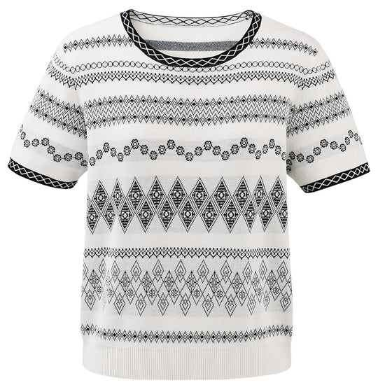 COMOBOCA Women's Fair Isle Geometric Stripe Knit T-Shirt