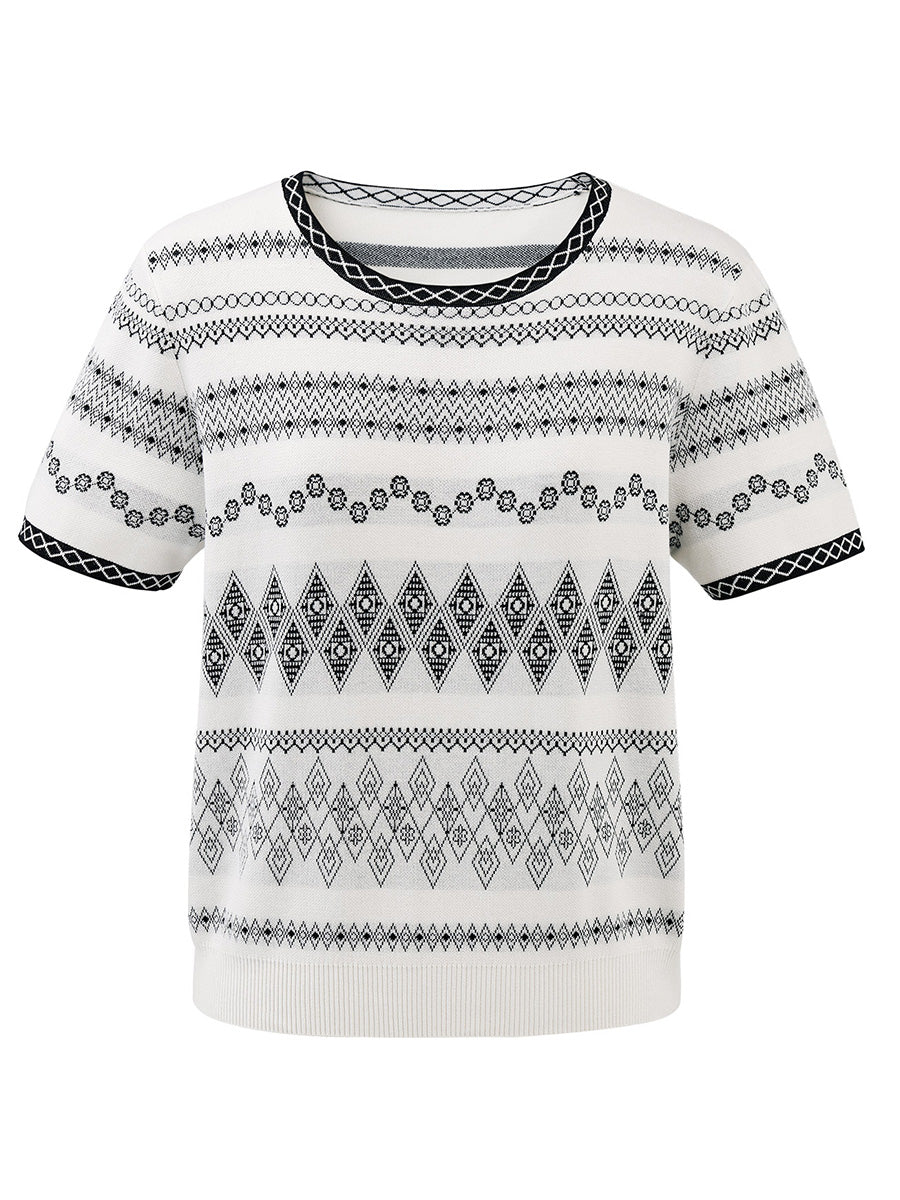 COMOBOCA Women's Fair Isle Geometric Stripe Knit T-Shirt