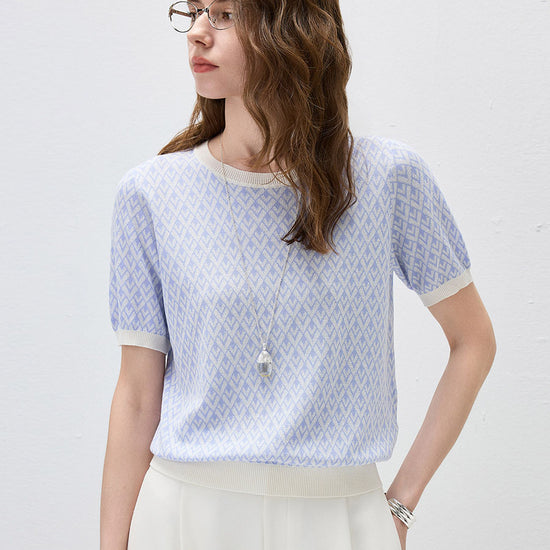 COMOBOCA Women's Geometric Monogram Intarsia Knit T-Shirt