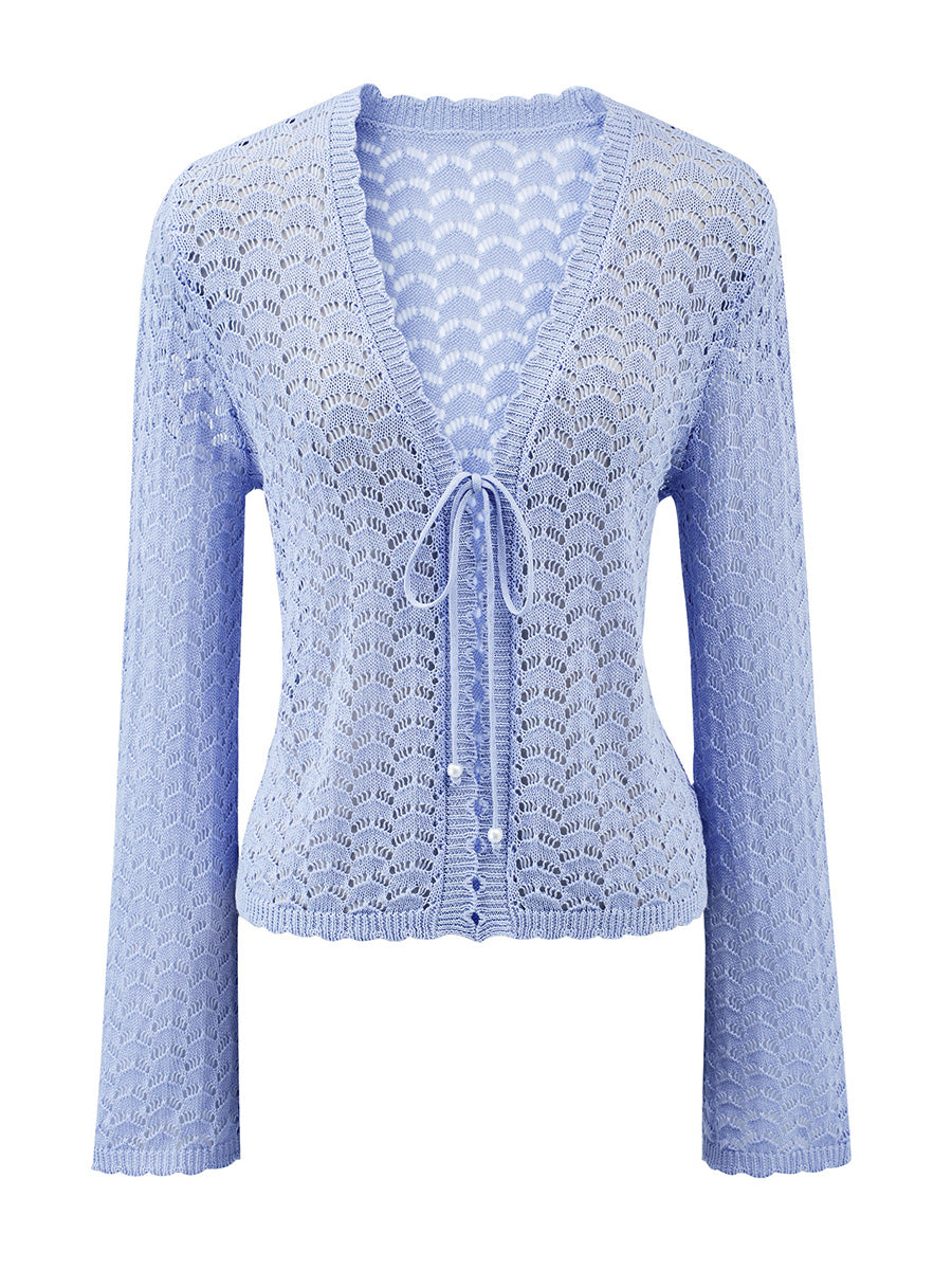 COMOBOCA Women's Linen Lace Knit Tie Front Cardigan