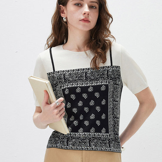 COMOBOCA Black Women's 2-in-1 Bandana Print Knit Top