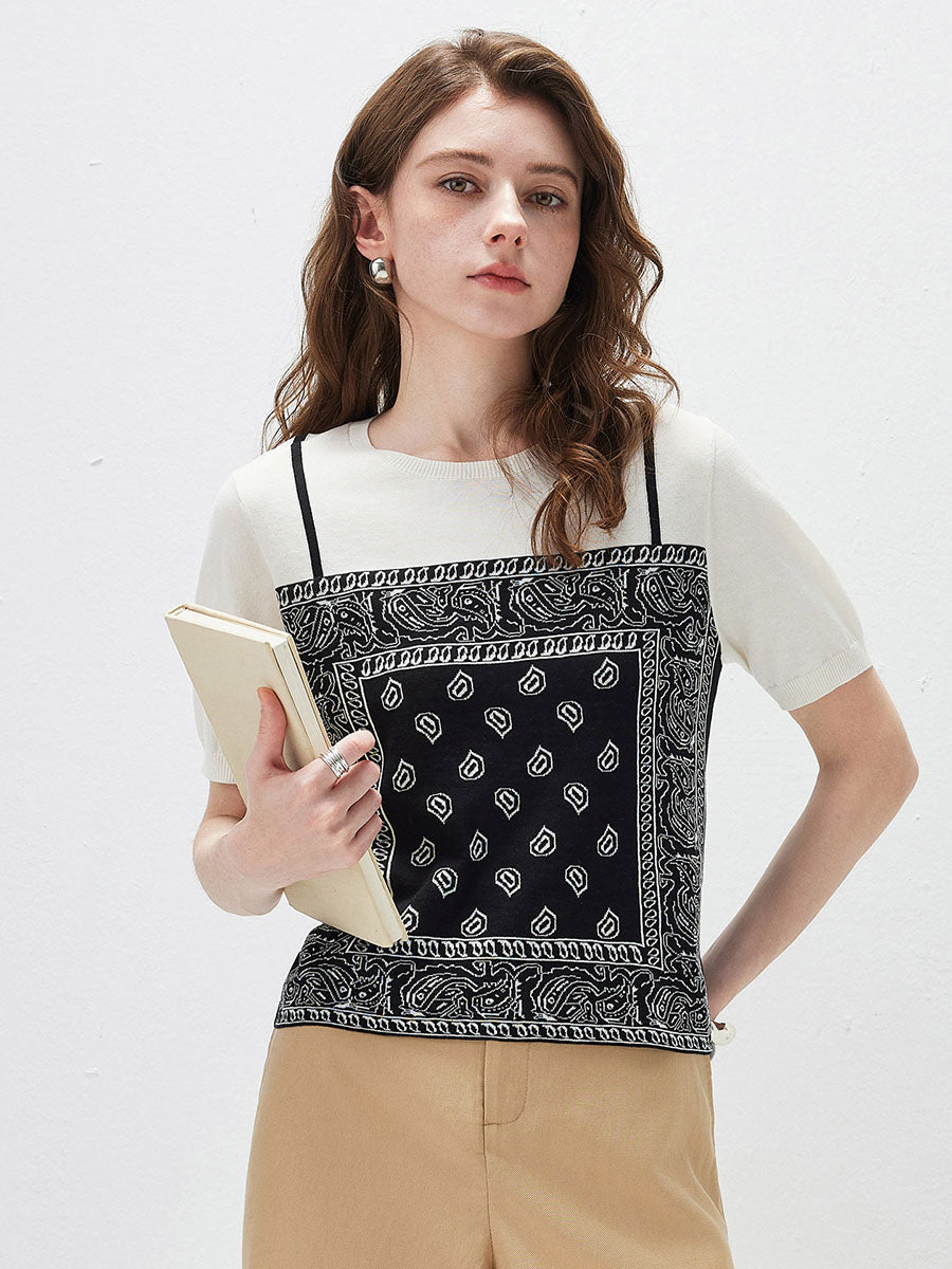 COMOBOCA Black Women's 2-in-1 Bandana Print Knit Top