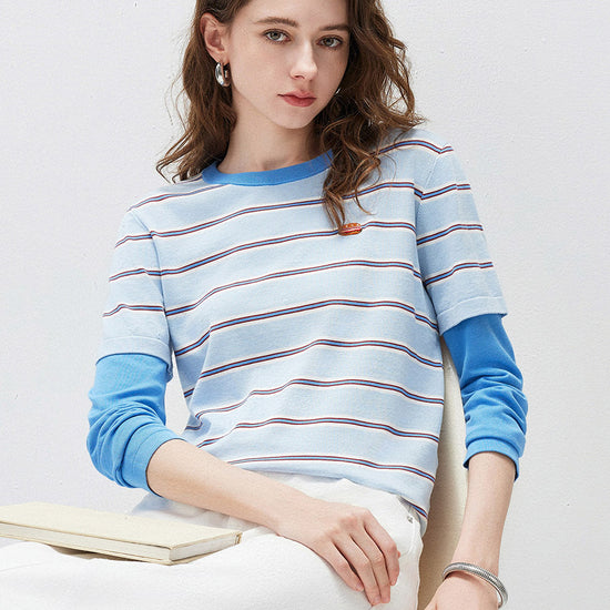 COMOBOCA Women's Layered Striped Round Neck Knit Sweater