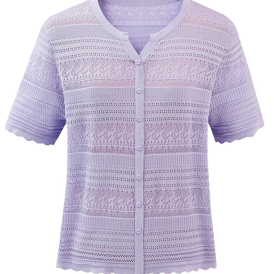COMOBOCA Women's Scalloped Hem Openwork Knit Cardigan
