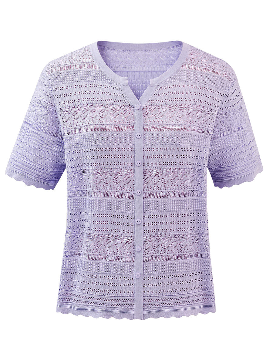COMOBOCA Women's Scalloped Hem Openwork Knit Cardigan