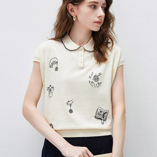 COMOBOCA Cloudy Women's Embroidered Collared Knit T-Shirt