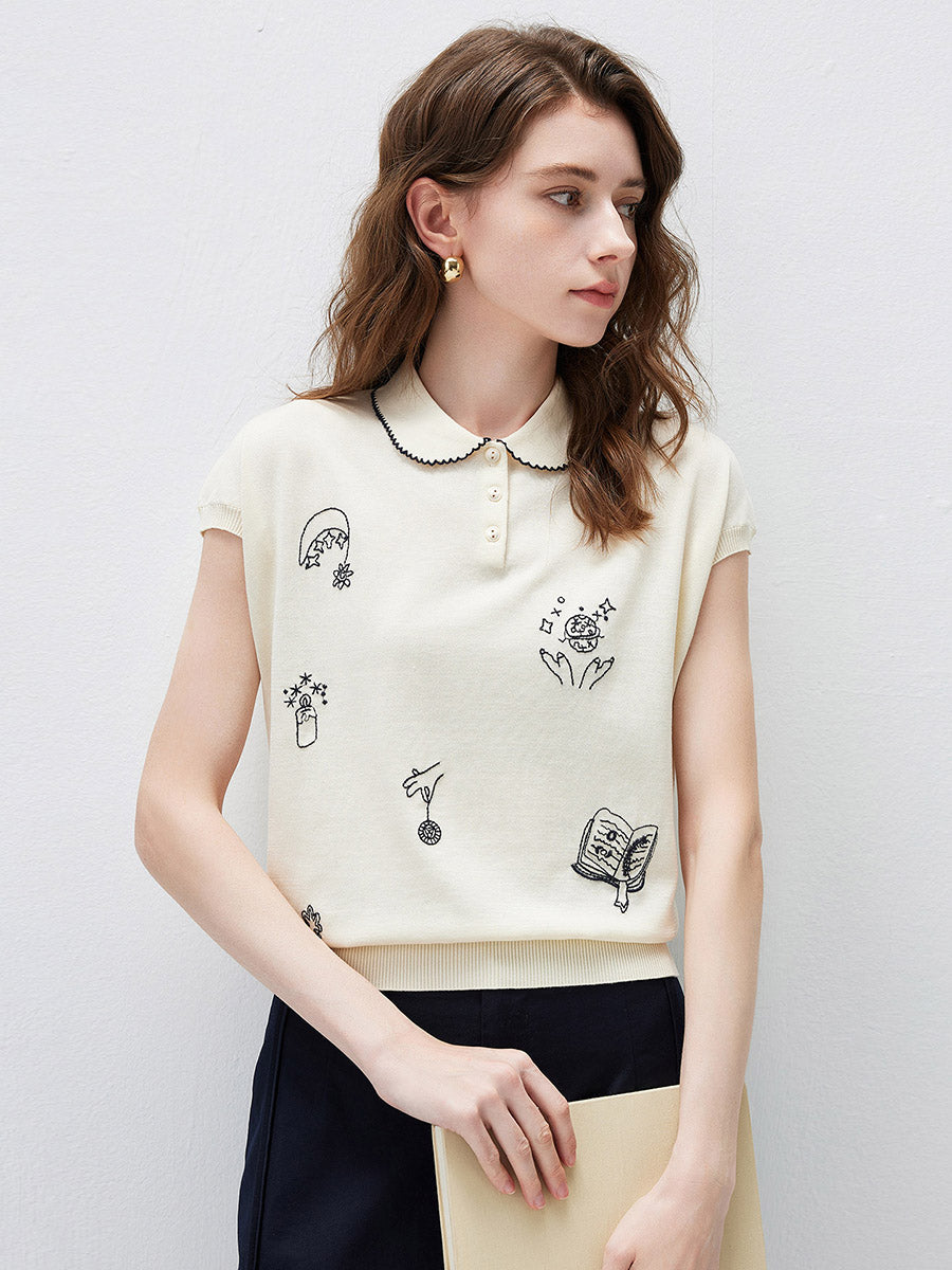 COMOBOCA Cloudy Women's Embroidered Collared Knit T-Shirt