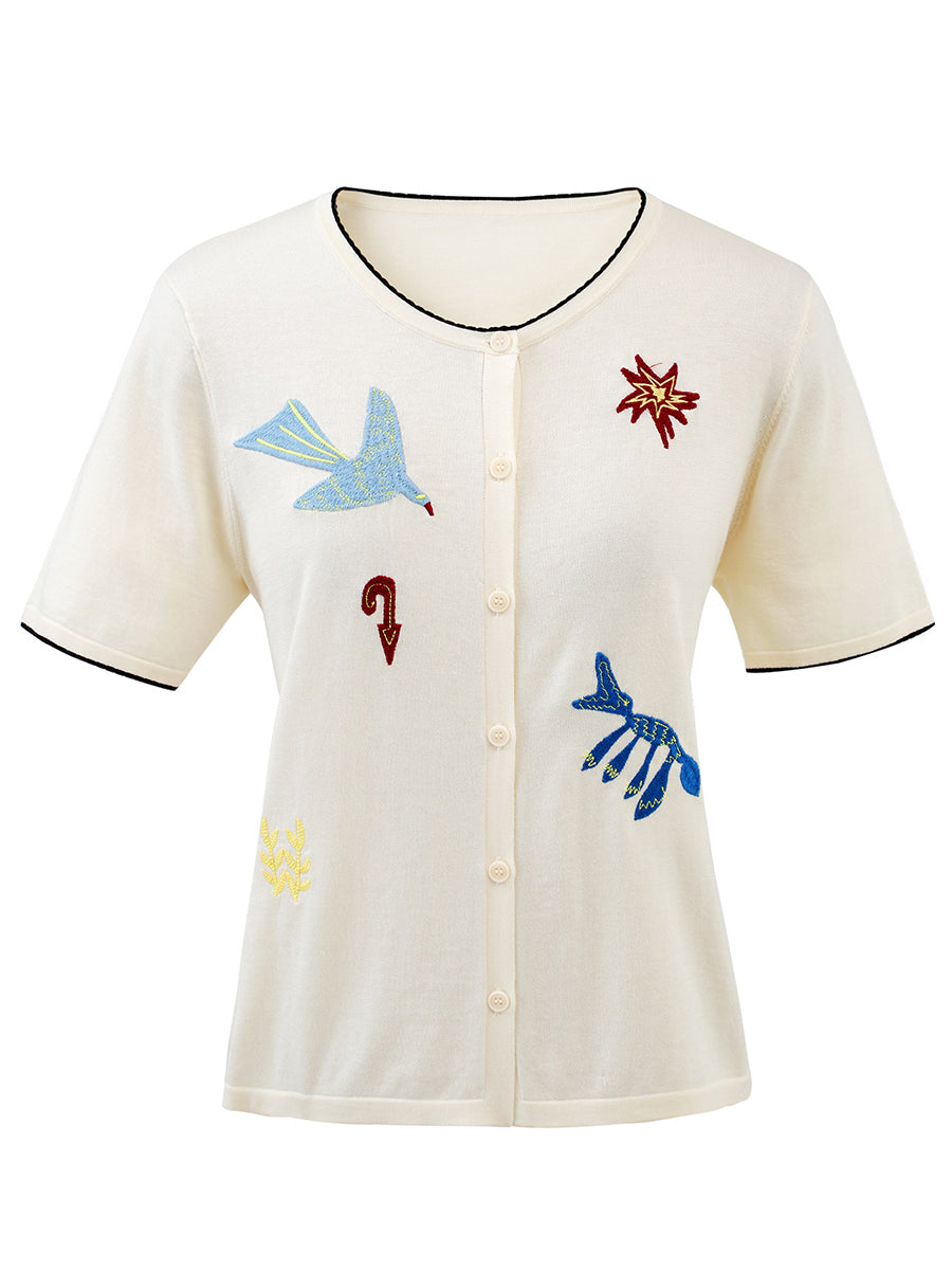 COMOBOCA Women's Embroidered Short Sleeve Cardigan