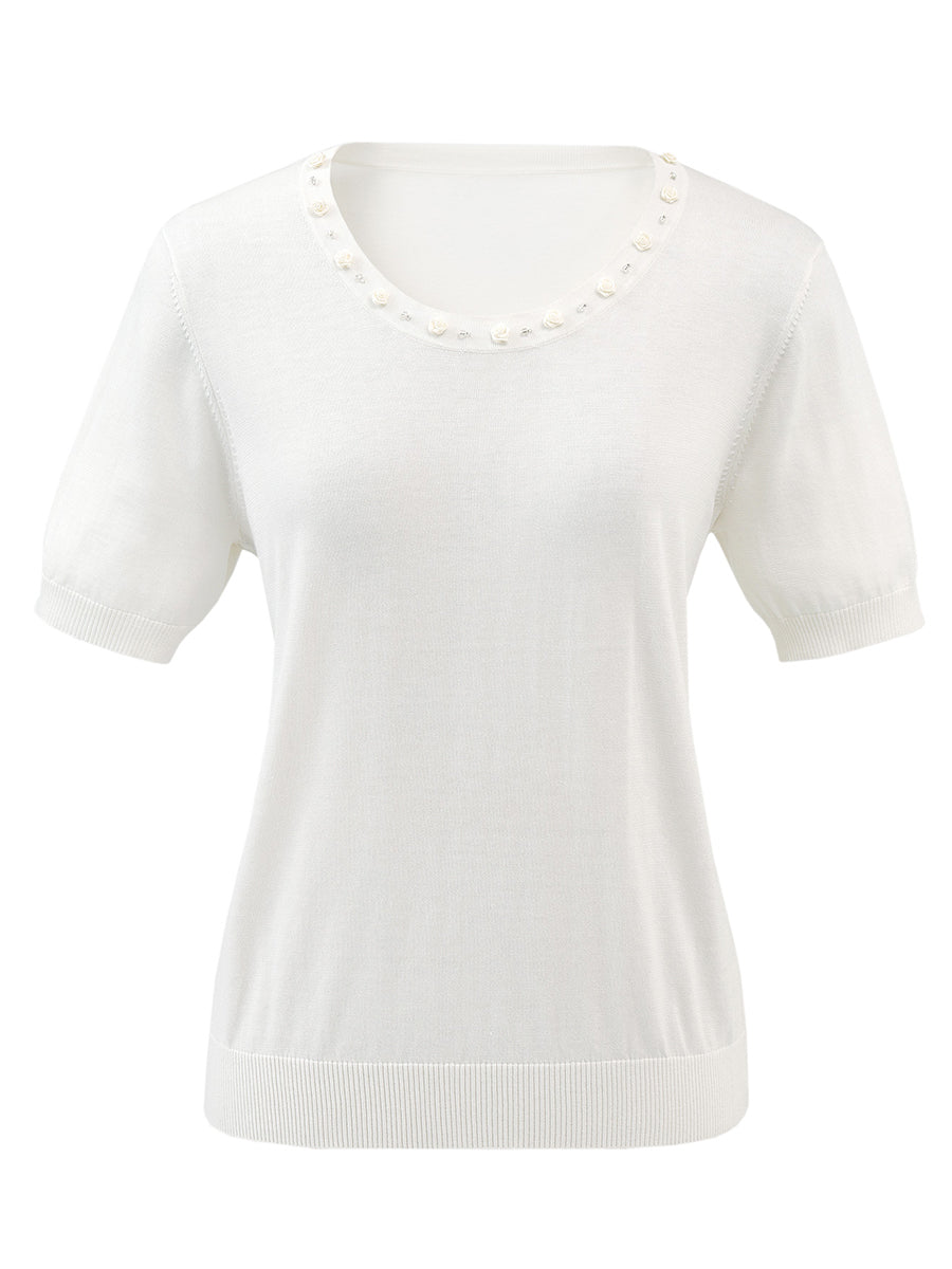 COMOBOCA Women's Rhinestone Trim Knit T-Shirt