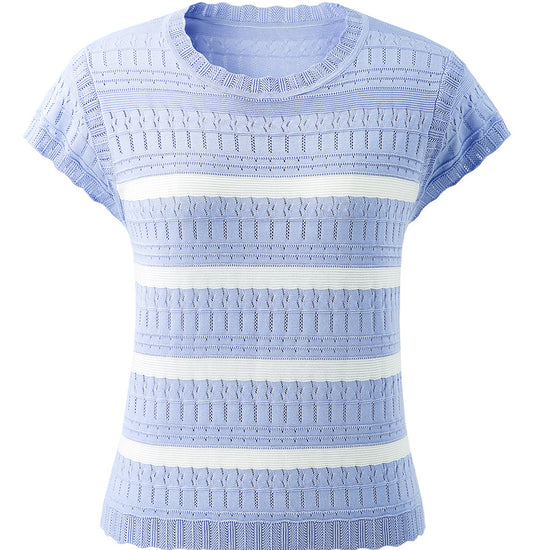 COMOBOCA Women's Cap Sleeve Striped Openwork Knit T-Shirt