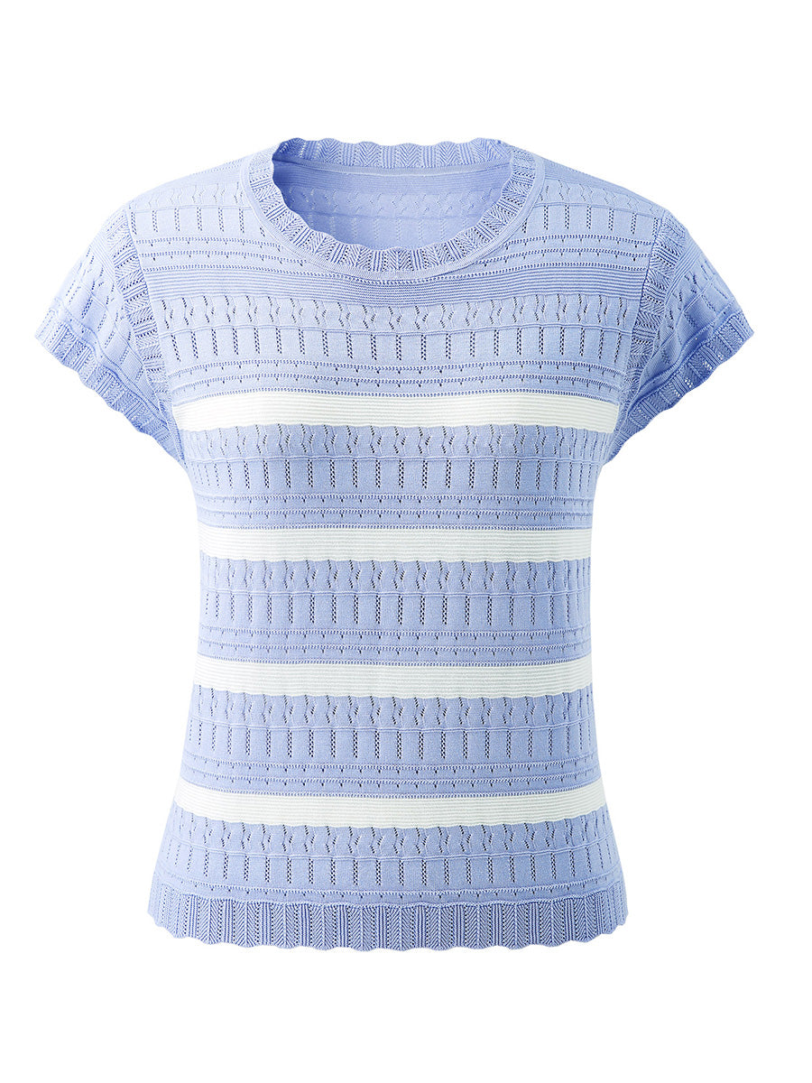 COMOBOCA Women's Cap Sleeve Striped Openwork Knit T-Shirt