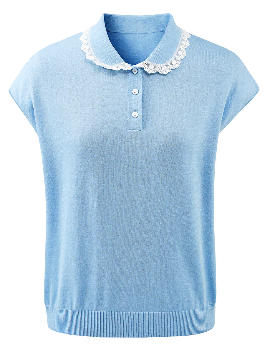 COMOBOCA Women's Lace Trim Collar Knit Polo T-Shirt
