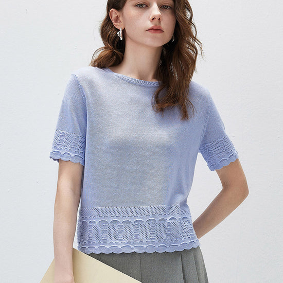 COMOBOCA Purple Women's Scalloped Lace Trim Knit T-Shirt