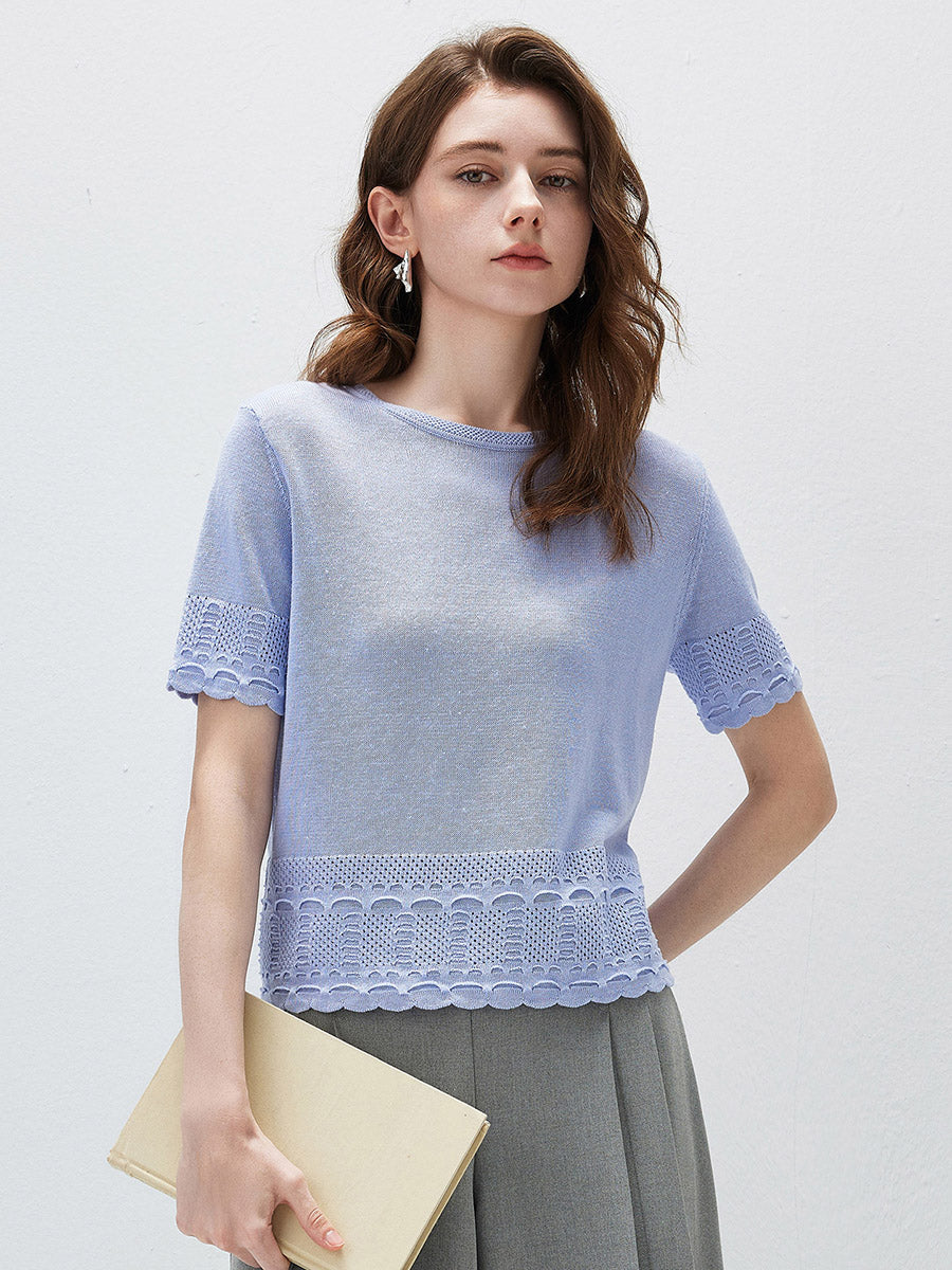 COMOBOCA Purple Women's Scalloped Lace Trim Knit T-Shirt