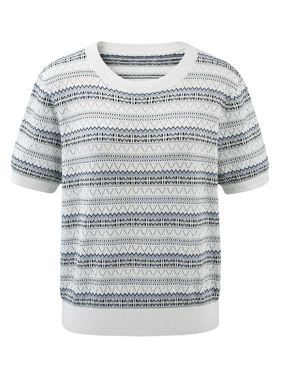 COMOBOCA Women's Fair Isle Semi Sheer Knit T-Shirt