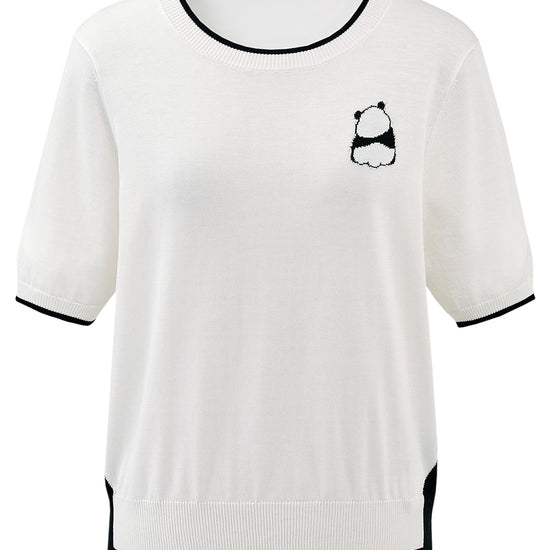 COMOBOCA Women's Panda Motif Contrast Trim Knit T-Shirt