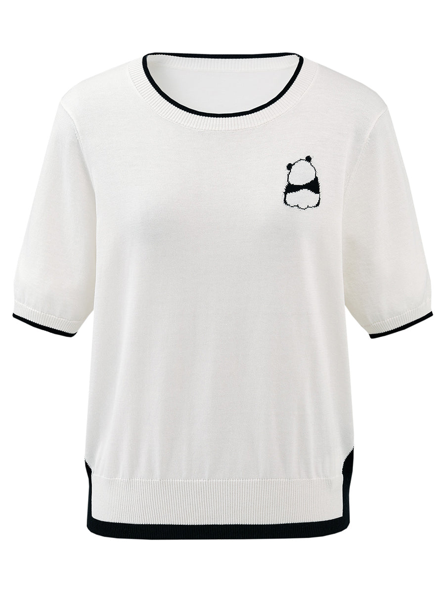 COMOBOCA Women's Panda Motif Contrast Trim Knit T-Shirt