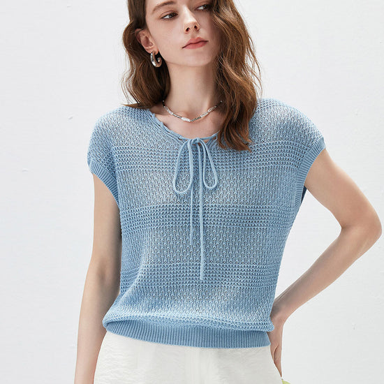 COMOBOCA Blue Women's Tie-Neck Textured Knit Cap Sleeve Top