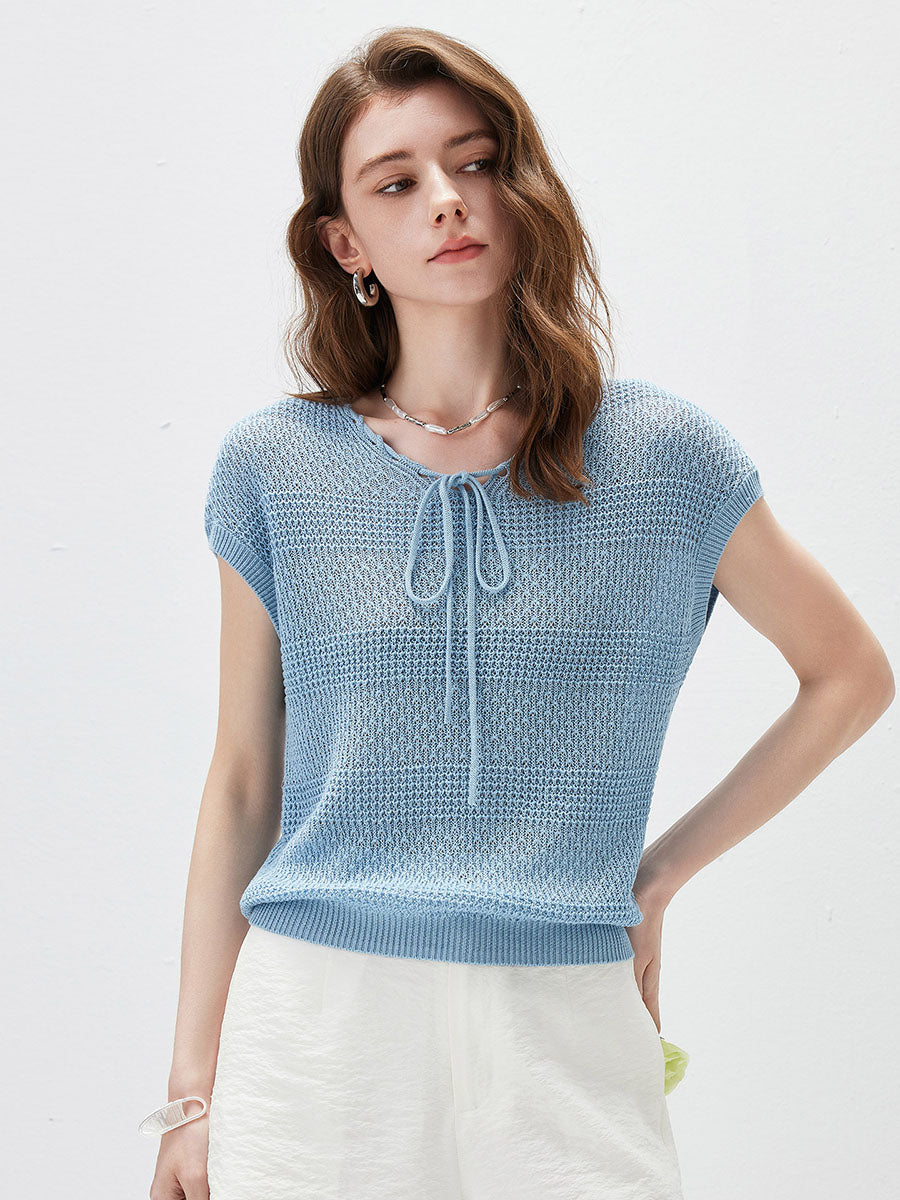 COMOBOCA Blue Women's Tie-Neck Textured Knit Cap Sleeve Top