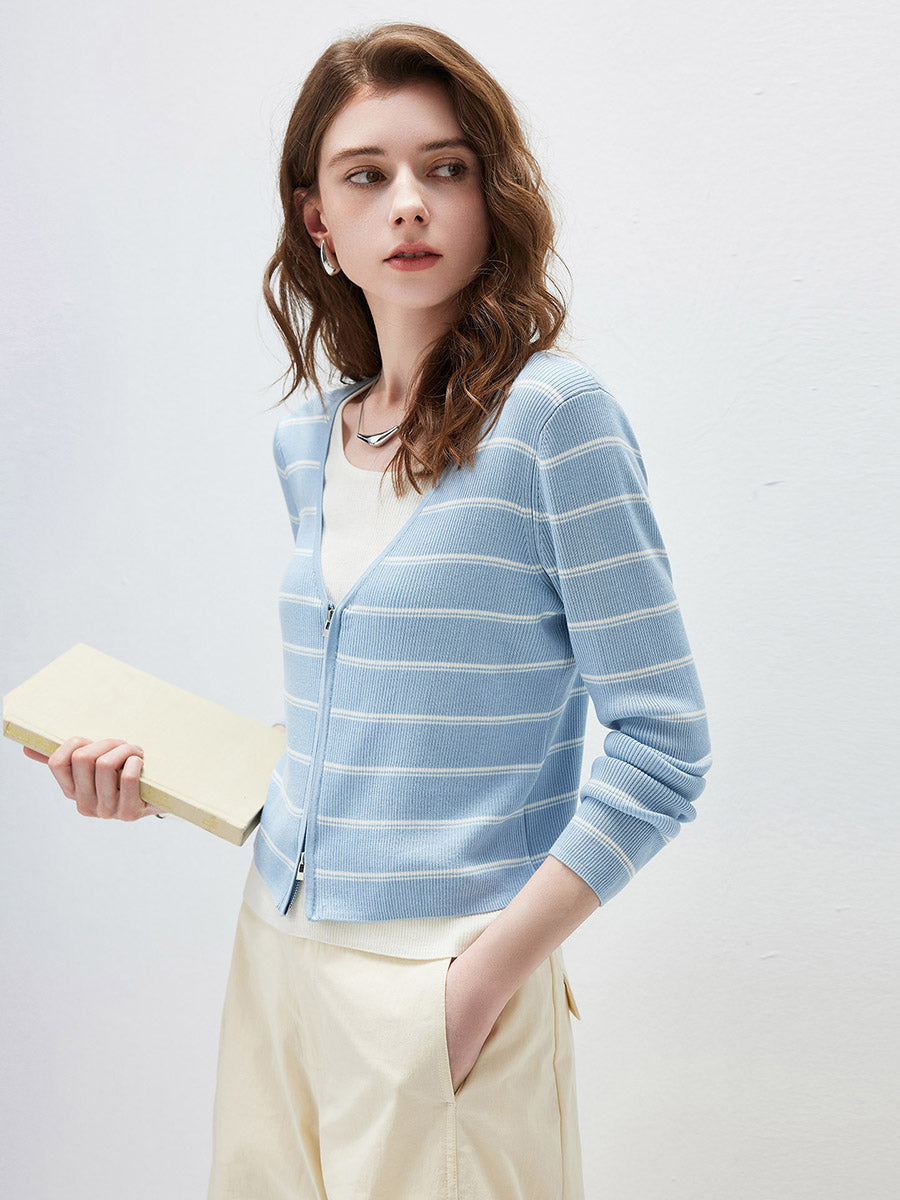 COMOBOCA Women's Striped Ribbed Knit Faux 2-in-1 Zip Cardigan