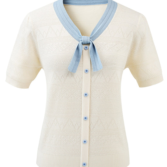 COMOBOCA Women's Bow Knit Short Sleeve Faux Cardigan