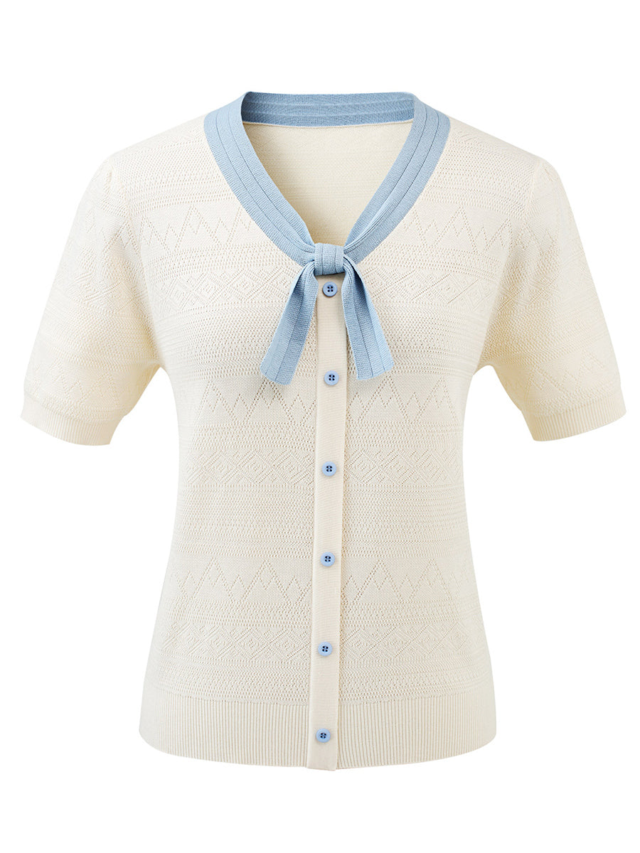 COMOBOCA Women's Bow Knit Short Sleeve Faux Cardigan